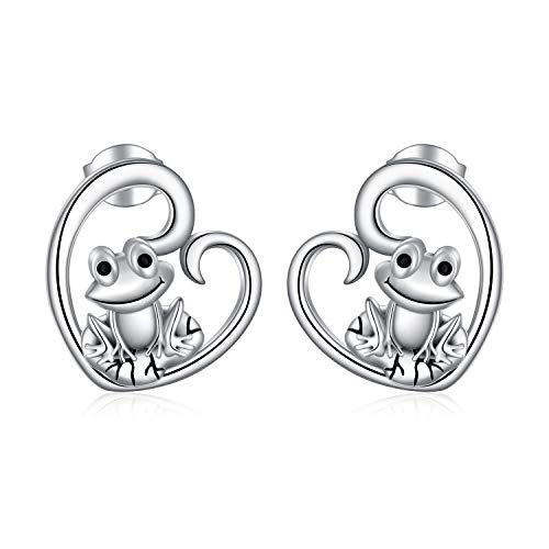 POPKIMI Sterling Silver Frog Earrings Heart Shape Frog Stud Earrings for Women Girls Birthday Jewelry Gifts (Frog)