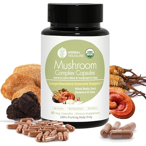 Herbal Treasure 4 in 1 Mushroom Complex Mushroom Supplement, Adaptogens Supplement with Lion's Mane, Reishi, Chaga and Cordyceps Mushroom Blend, Organic Mushroom Supplement Mushroom Extract 90 Caps Cover