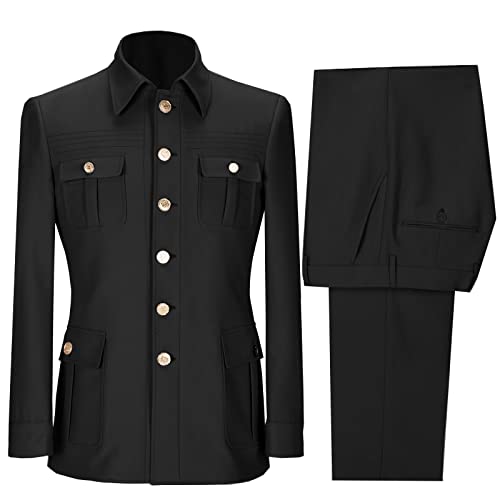 Men Suits Multi-Pocket Tuxedos 2 Pieces Jacket Button-Down Casual Suit with Gold Buttons