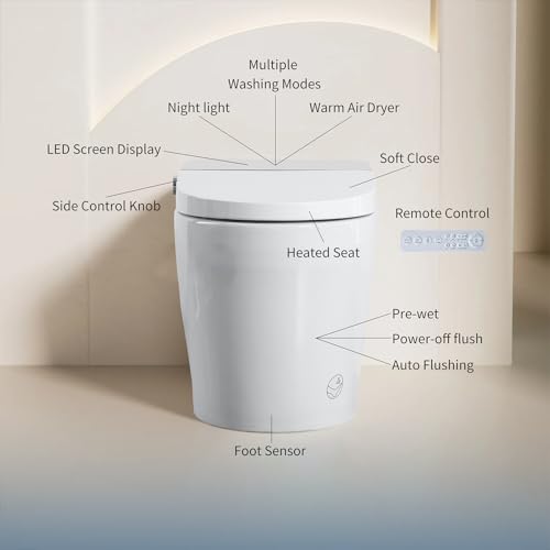Inodoro inteligente con auto-flush y asiento bidé, inodoro japonés con asiento calefactable, lavado con agua tibia y secado, temperatura ajustable, pantalla LED y control remoto miniatura 4