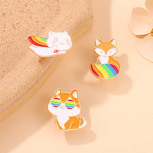 Image of Cute Cartoon Animal Enamel Pins Rainbow Pet Cat Lapel Pin Brooch Badge Fox Button Pin Rabbit Brooches for Women Girls Clothing Backpacks Bags Hats Accessory