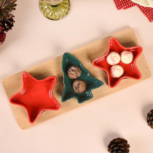 Image of Nestasia Set of 3 Holiday Ceramic Snack Bowls with Bamboo Tray | Star & Tree Shaped, Dishwasher-Safe, Eco-Friendly, Festive Serving Dishes | Ideal for Appetizers, Treats, Snacks, Sweet, Dip & Gifting