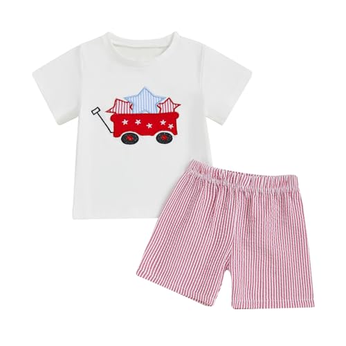 Image of Kayotuas Fourth Of July Toddler Boy Outfit Baby American Flag Clothes Patriotic Shirt Striped Gingham Shorts 2Pcs Summer Sets