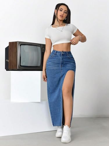 Image of GRECIILOOKS Women's High Waist Denim Skirt with Front Slit - Long Maxi Jean Skirt Casual Fashion - Stylish Denim Skirts for Women