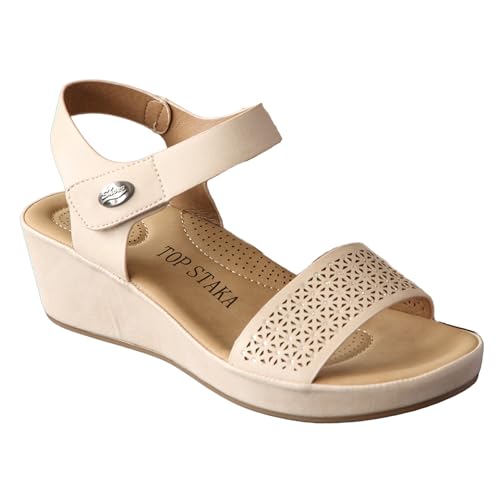 IVACHY Sandálias de cunha confortáveis para mulher com fecho de velcro, palmilha acolchoada, design geométrico, disponíveis nos tamanhos 3 a 7,5, Bege