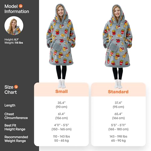 Image of Giggling Getup Wearable Blanket Hoodie for Adults Gifts for Teen Girls Sister Women Sherpa Fleece Printed Hooded Blanket Sweatshirt Warm Cozy with Pocket & Sleeves Grey Chicken Nuggets Fries