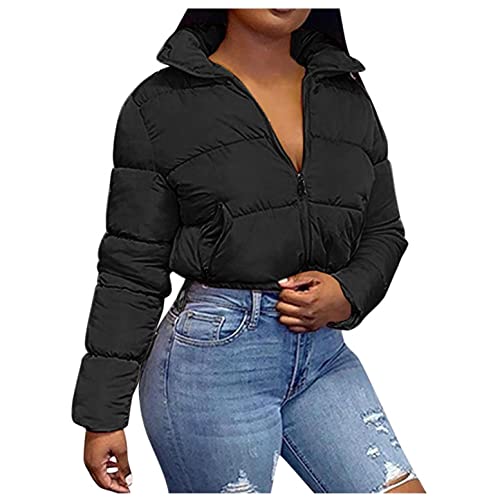 Leirke Women's Winter Puffer Jacket Cropped Full-Zip Long Sleeve Pocketed Warm Quilted Padded Crop Bubble Coat(Black,Large)