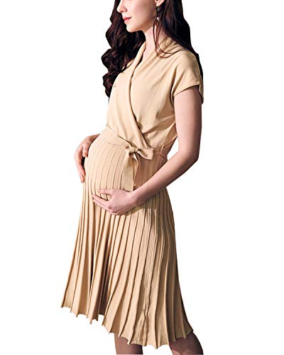 DolphinBanana Elegant Khaki Pleated Wrap Maternity Dress Nursing Ruched XL Bodycon Wedding Guest Knee Length Maternity Clothes for Women Midi Dress for Baby Shower Pregnancy Summer Dress, L