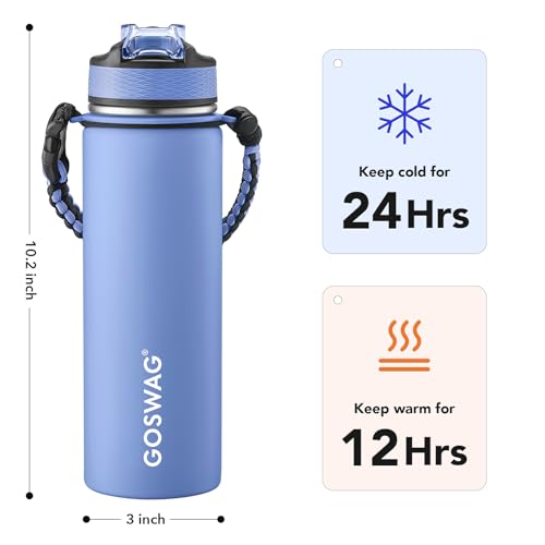 Image of GOSWAG 24oz Insulated Stainless Steel Travel Water Bottle, 2 Lids | with straw and no straw, Paracord handle, Double-wall vacuum keeps drinks cold or hot, Leakproof tumbler