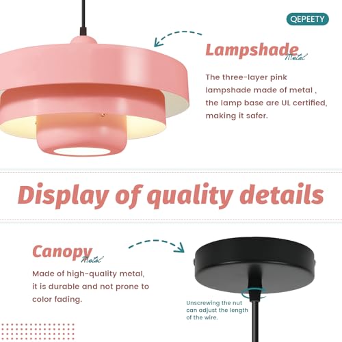 Image of 2-Pack Adjustable Pendant Lights, Scandinavian 3-Layer Pink Metal Pendant Lamp, 59 Inch Adjustable Wire Hanging Light, E26 Base for Kitchen Island Kids Room