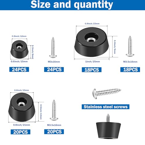 Image of 124Pcs Rubber Feet for Cutting Board with Stainless Washer Screws Assortment Kit,3 Sizes (0.6inch, 0.8inch, 1inch),Non Slip Rubber Bumper Feet for Furniture, Cabinets, Electronics