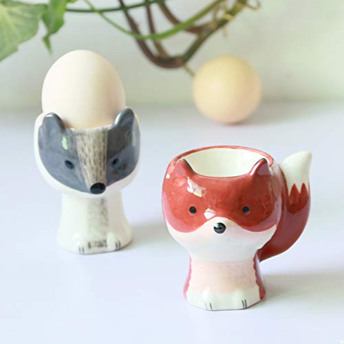 Animal shape Washable Ceramic Egg cup holder hard boiled eggs container microware for breakfast kids adult (Fox)