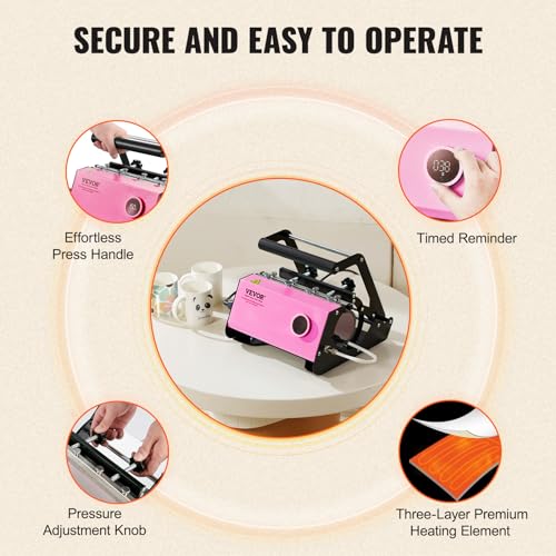 VEVOR Tumbler Heat Press Machine, Tumbler Press for 30OZ 20OZ Sublimation Straight Skinny Tumblers, with Knob Control Temp&Timer Setting for 11-16oz Mugs, Mug Press with Paper Heat Tape Gloves-Pink
