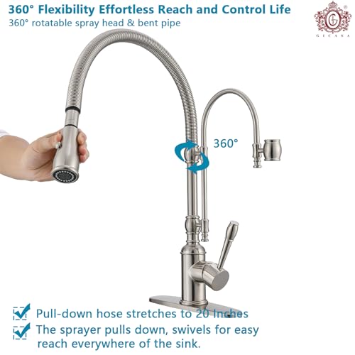 Image of Classical Commercial Copper Kitchen Faucet, Single Handle Spring High Arc with 360 Swivel Pull Down Spray, Brushed Nickel Finish & Deck Plate for Farmhouse Sink
