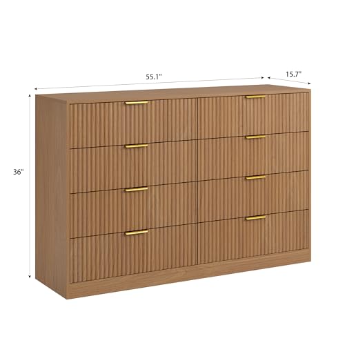 8 Drawer Dresser for Bedroom, Modern Fluted Double Dresser, 55" Wide Chest of Dressers, Mid Century Wooden Beside Table for Closet, Living Room and Entryway, Natural - Image 3