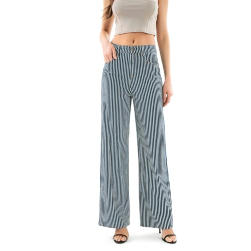 Women's High Waist Elastic Waist Wide Leg Pants Striped Straight Jeans Tummy Control Casual Denim Pant with Pocket2