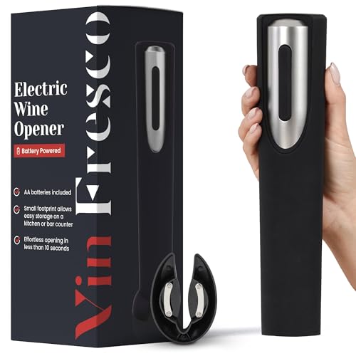 Electric Wine Opener Battery Operated with Stand and Built-in Foil Cutter - Automatic Wine Opener - Electric Corkscrew for Easy Cork Removal - Best Gift for Wine Lover (Black & Silver)