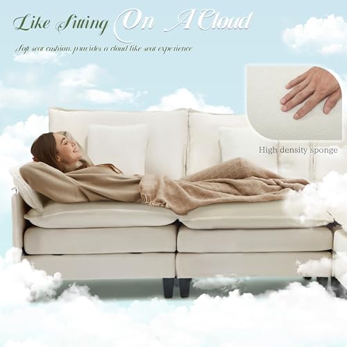 Image of 106 inch L Shaped Modular Sectional Cloud Couch, Modern Sofa with Ottoman, 4-Seat Deep Seat Sofa with Pillows for Living Room, Bedroom and Apartment, Beige