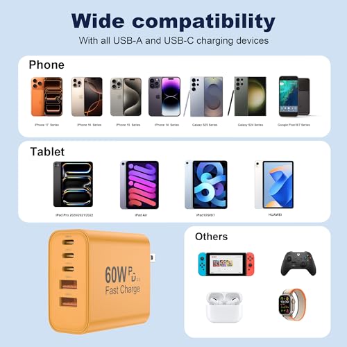 60W USB C Charger Block, Versatile iPhone Charger, Yellow (1 Pack) | 5 Ports PD 3.0 25W Single Max Fast Charger, QC 2A USB Wall Charger for iPhone Duo 18 17 16 15 14 13 12 11 Pro Max, iPad, iPod - image 2