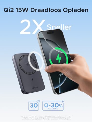 UGREEN Nexode Qi2 Wireless Powerbank 10000mAh compatibel met Magsafe 15W draadloze powerbank & 20W USB-C snel opladen externe batterij compatibel met iPhone 16 Pro Max/16/15-12 - Afbeelding 3
