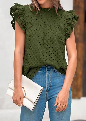 BTFBM Casual Summer Tops for Women 2025 Short Ruffle Sleeves Shirts Crew Neck Hollow Out Lace Embroidered Blouses