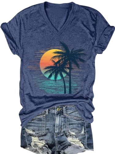 Hawaiian Shirts for Women Palm Trees Sun Graphic Tee Tops Summer Beach Vacation Short Sleeve V Neck Tshirt Tops (Blue4, Medium)