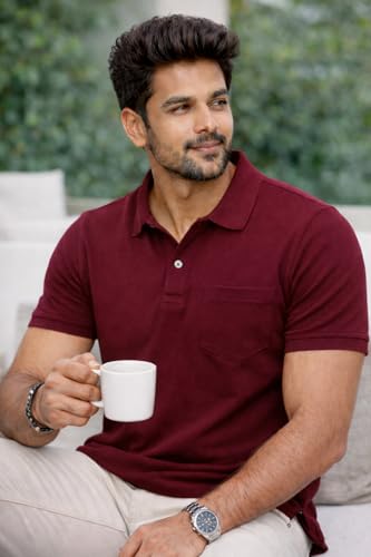 Image of Premium Pique Cotton Pocket Polo T-Shirt for Men | 210-220 GSM | Regular Fit | 2-Button Placket | Soft Breathable Fabric | XS-3XL