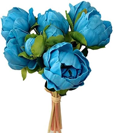Angel Isabella Realistic Peony Bouquet - Real Touch Artificial Flowers for Decoration - Artificial Flowers Arrangements for Home, Wedding, Corsage, Boutonniere - 6 Blooms and 2 Buds, Turquoise