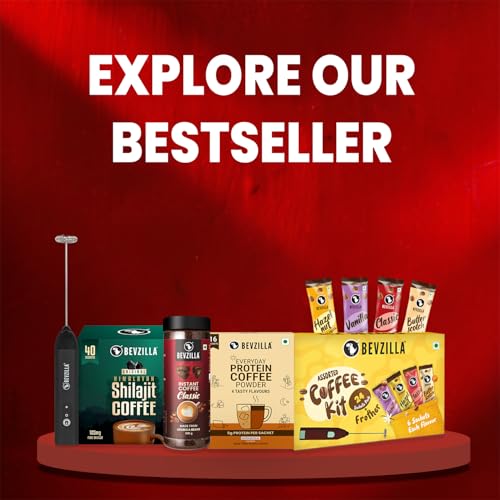 Image of Bevzilla Chocolate & Mocha Instant Coffee Powder With Rechargeable Frother | Cafe Coffee Kit for Espresso, Latte & Cappuccino | Hot & Cold | 48 Sachets