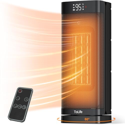 Space Heater Indoor with Thermostat, 16 inch PTC Electric Heater, 60Â°Oscillating, 4 Modes, 12h Timer, 1500W Portable Heater for Indoor Use, Black