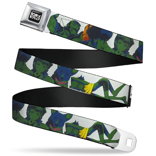 Crunchyroll Belt, Seatbelt Buckle Belt, Cowboy Bebop Crew Group Pose and Logo White Black Greens, Youth 20 to 36 Inches