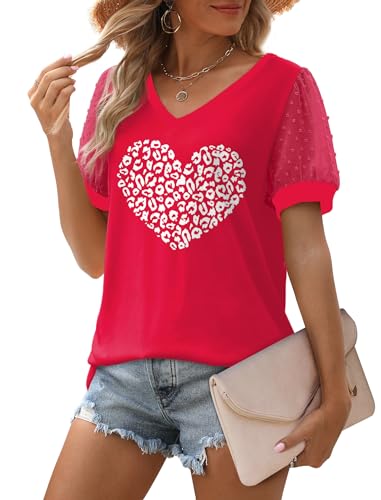Image of Aokosor Womens Summer Tops V Neck T Shirts Swiss Dot Puff Sleeve Tops Loose Casual Tshirts