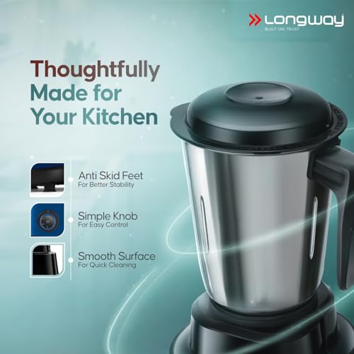 Image of Longway Super Pro Mixer Grinder | 500 Watt Powerful Motor | 3 Jars for Grinding, Mixing, Juicing | 2 Years Warranty (Blue & Black)