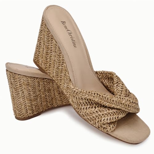 Image of Women's Wedges Heeled Slippers Fabric Heels Slip on Comfy Evening Dress Woven Sandals Square Toe Shoes for Women 3.3 inch Heels