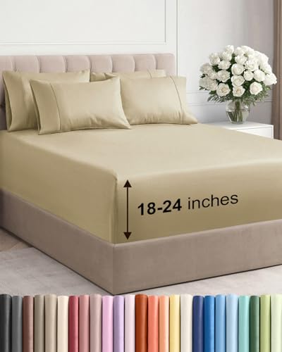 Image of Extra Deep Cal King Sheet Set - 6 Piece Breathable & Cooling Sheets - Beige | Hotel Luxury Bed Sheets Set, Easy & Secure Fit, Ultra-Soft, Wrinkle & Fade Free, Comfy Sheets Set with Extra Deep Pockets