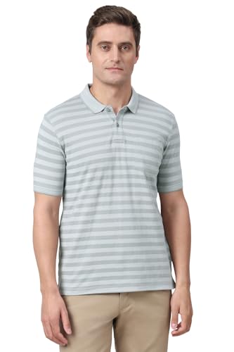 Image of Peter England Men's Cotton-Polyester Blend Striped Polo T-Shirt | Casual Wear | Durable & Trendy Regular Fit