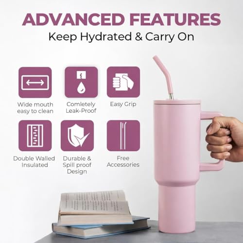 Image of WEZOSHINET 1200ml Stainless Steel Tumbler with Handle & Steel Straw | Double Wall Vacuum Insulated Mug | Spill Proof Lid | Beer & Cold Drink Travel Cup (40 - Oz - Pink)