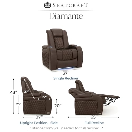 Image of Seatcraft Diamante Brown Italian Leather Home Theater Seating, Zero Gravity Power Recliner Gaming and Home Office Chair, Powered Headrest Lounge Sofa Furniture for Cinema Room, Single Recliner