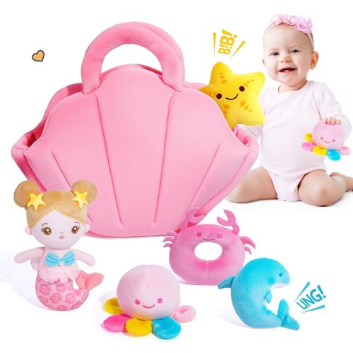 Image of OUOZZZ Baby Toys 6-12 Months - Soft Baby Doll for Girls Mermaid Toys - 2 Years Old Sensory Toy - Birthday Gifts Toddler Plush Stuffed Animal with Squeaker, Crinkle and Bell Ringing Toy Set