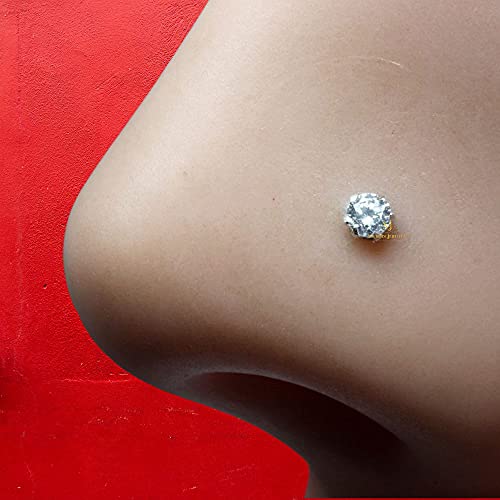 Image of SJ SHUBHAM JEWELLERS 92.5-925 Sterling Silver Round Shape White Cubic Zirconia Prong /Cup Setting Nose Pin Stud for Women Girls Size 2MM 3MM Size Pure Silver