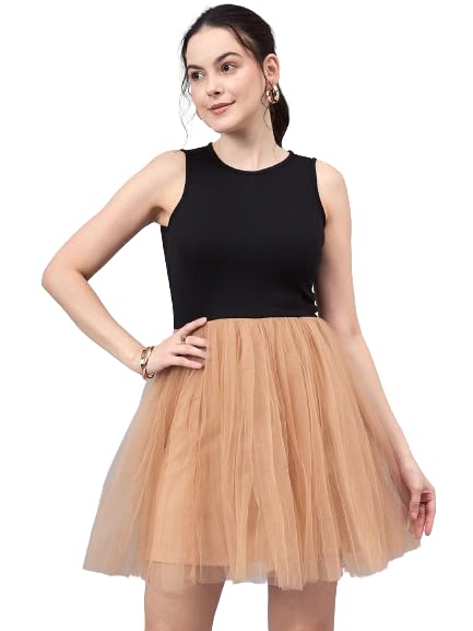 Image of Style Quotient Women Black Beige Colourblocked Net Dress