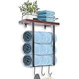 LAMPTOP Bathroom Towel Rack, Towel Rack Wall Mounted with Wooden Shelf & 3 Hooks, Metal Bath Towel H