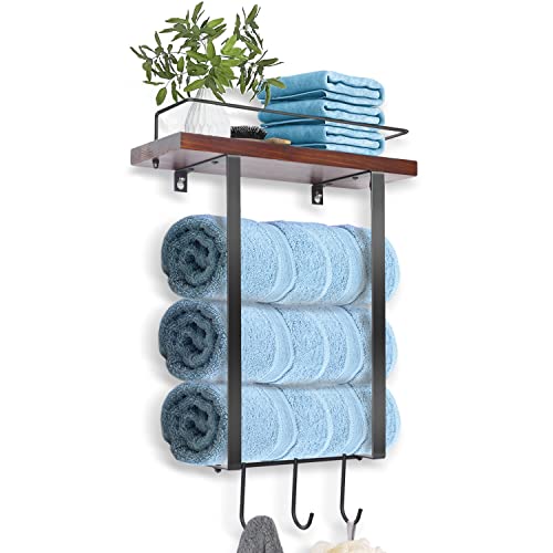 Lamptop Bathroom Towel Rack, Towel Rack Wall Mounted With Wooden Shelf & 3 Hooks, Metal Bath Towel Holder For Bath Storage Organizer And Decor #TOP4