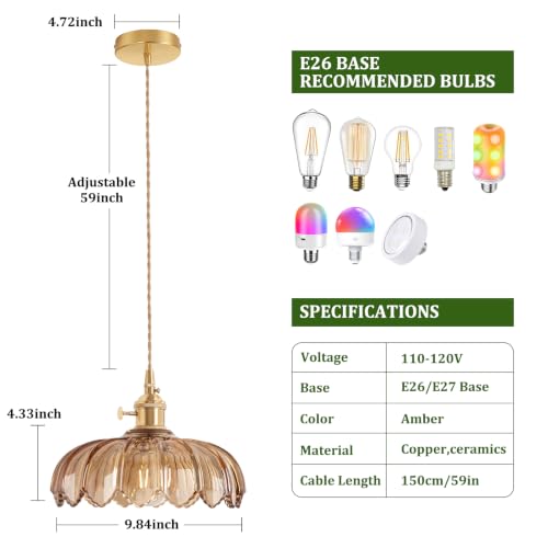 Image of Shenmoyl Pendant Light with Amber Scindapsus Glass Lmapshade, Brass Vintage Pendant Light Adjustable Hanging Light for Kitchen Island Dining Room Hallway
