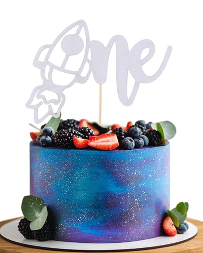 Rocket One Cake Topper - Silver Glitter Space