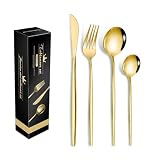 Jogo de Talheres 16 Peças Dourado, Conjunto de Talheres em Aço Inoxidável com Acabamento Ouro, Faqueiro Elegante para Presentes e Jantares Especiais