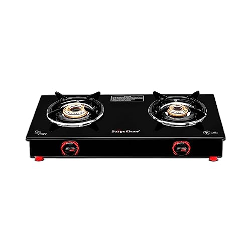 Surya Flame Smart Gas Stove 2 Burner Glass Top | LPG Gas Stove With Jumbo Burner | Unbreakable ABS Knobs | Anti Skid Legs | Rust Free Body - 2 Years Complete Doorstep Warranty