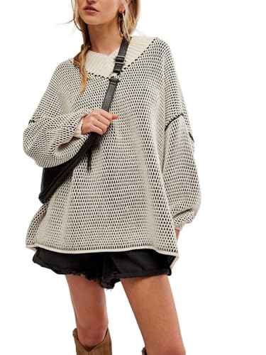 Image of D-Sun Women's Oversized Sweater V Neck Cable Knit Pullover Casual Elegant Ribbed Drop Shoulder Sweater Jumper White