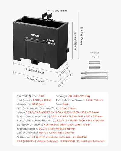 Image of VEVOR Ballast Box, 3-Point Category 1 Tractor Ballast of 800 lbs Capacity, with Standard 2 Inch Hitch Receiver, Heavy-Duty Steel 3.2 ft Large Volume Durable Loader Attachment with Sliding Door, Black