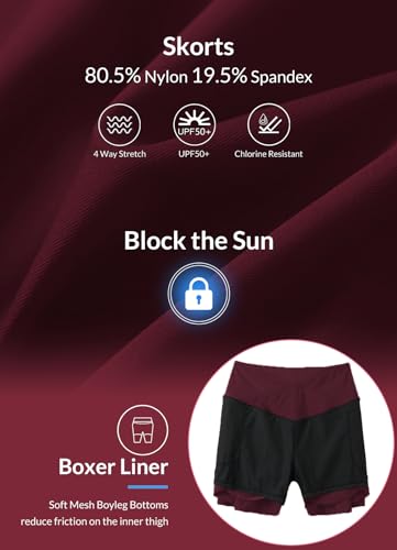 Baleaf Women'S Swim Skirt Bottoms High Waisted Bathing Suit Swimsuits Skirts Pleated Athletic Skorts With Pockets Wine Red M thumb #3